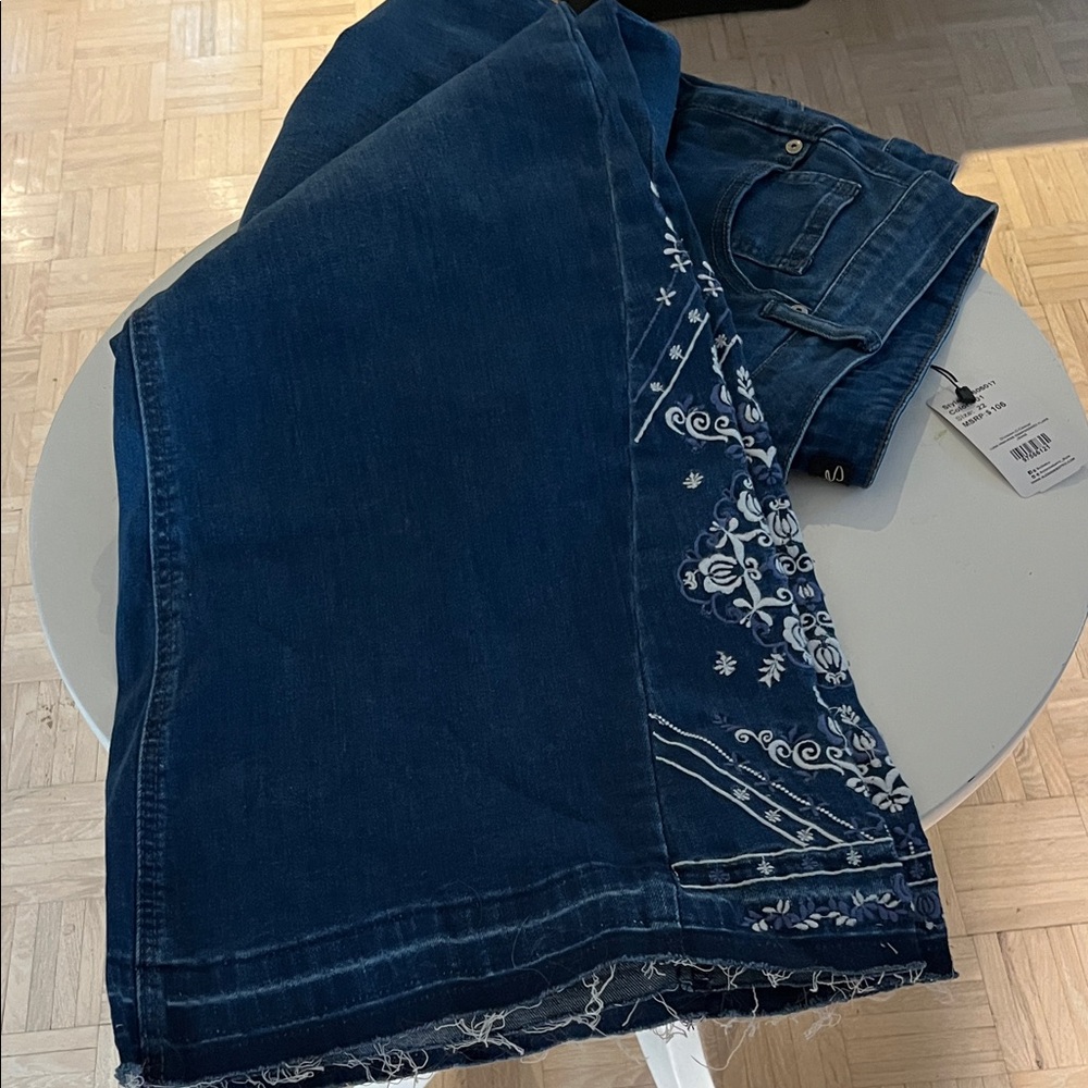 Suzanne Betro Navy Embroidered Wide Leg Jeans
